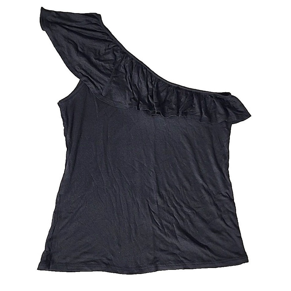 One Shoulder Knit Top Black Sleeveless Ruffle Tank Summer Caution to the Wind L